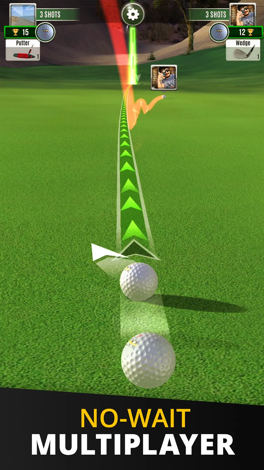 Στιγμιότυπο από το Ultimate Golf! με μπάλα σε πράσινο γήπεδο και μπάρα στόχευσης